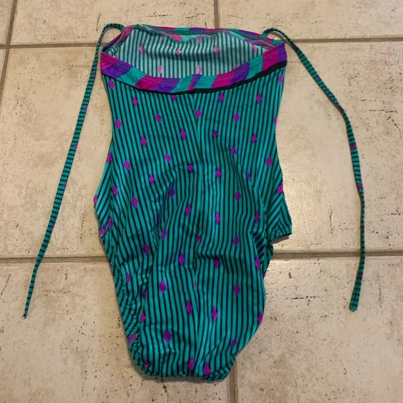 Vintage 80s 90s Teal Purple Magenta Stripe Strapless High Cut Swimsuit Small - Picture 2 of 6